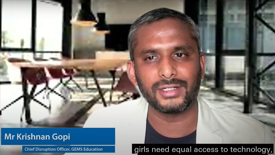 Ông Krishnan Gopi, Giám đốc đổi mới công nghệ, Tập đoàn giáo dục GEMS, mong muốn các bé gái phải được bình đẳng tiếp cận công nghệ. Ảnh chụp màn hình.