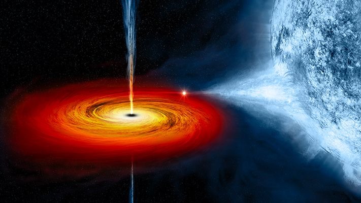 Hố đen Cygnus X-1 đang kéo vật chất từ ​​một ngôi sao đồng hành khổng lồ màu xanh lam. Ảnh: NASA/CXC