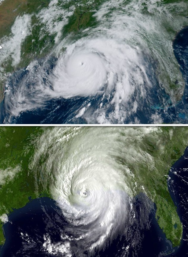 Bão số 9 Ida (ảnh trên) và bão Katrina năm 2005 qua ảnh vệ tinh. Ảnh: NOAA