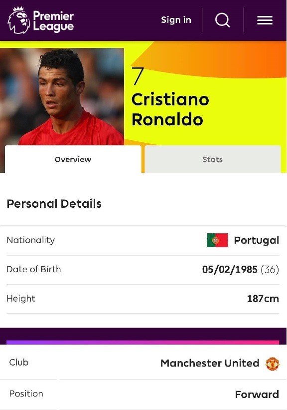 Trang chủ giải đấu đã đăng số áo cho Ronaldo. Ảnh: Premier League.