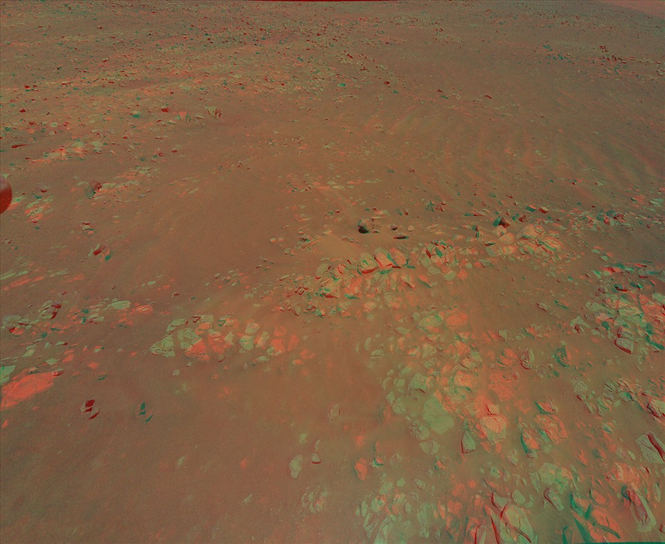 NASA lập ảnh 3D trực thăng Ingenuity chụp khu vực Raised Ridges trên sao Hỏa, nơi có những tảng đá kỳ lạ. Ảnh: NASA