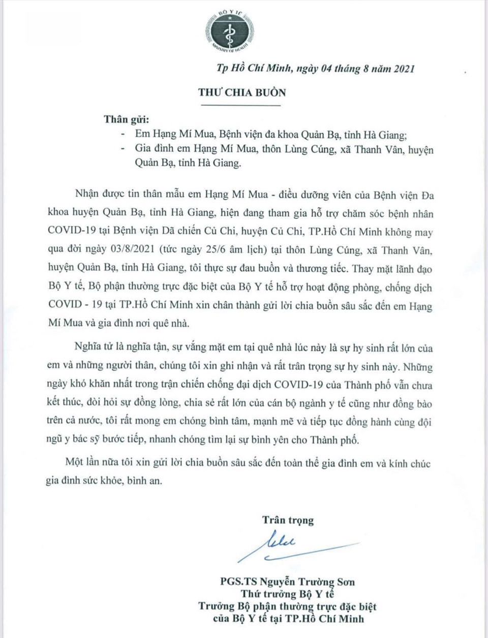 Thư chia buồn của Thứ trưởng Bộ Y tế Nguyễn Trường Sơn gửi y sĩ Hạng Mí Mua khi không thể về quê chịu tang mẹ.