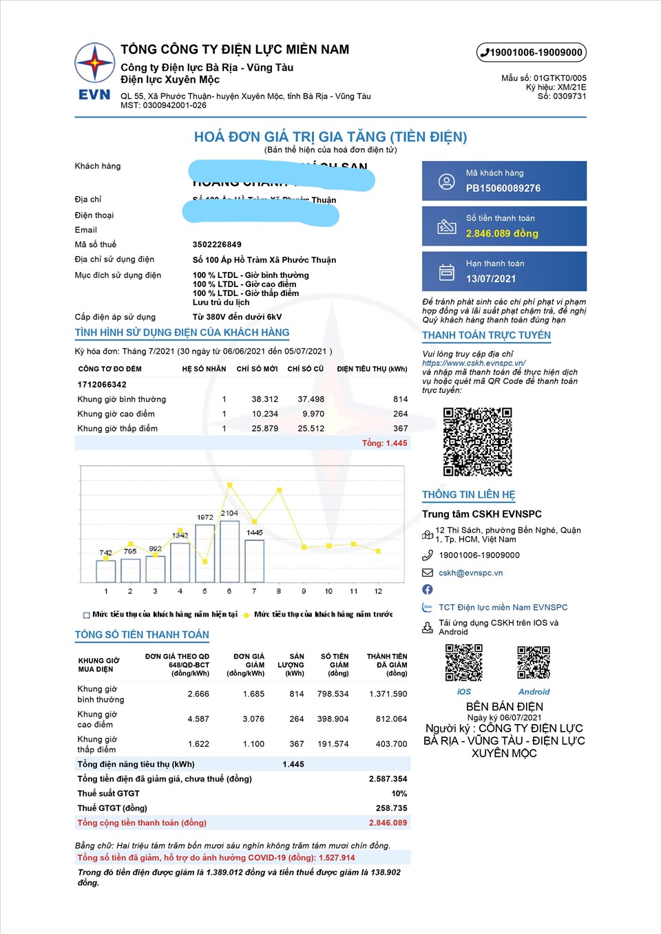 Hóa đơn tiền điện kỳ tháng 7.2021 được giảm giá của khách hàng tại huyện Xuyên Mộc, tỉnh Bà Rịa-Vũng Tàu. Ảnh: EVNSPC cung cấp.