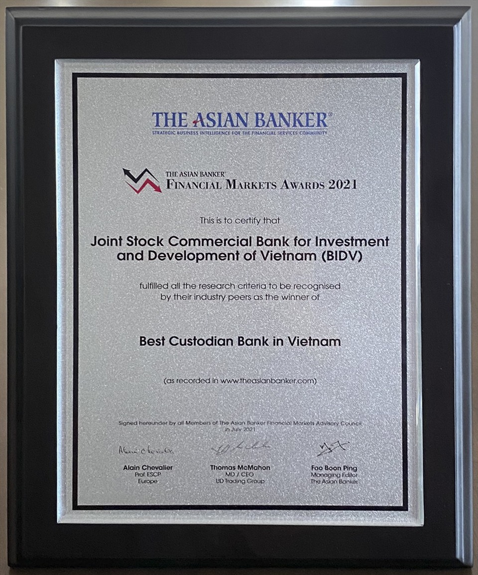 BIDV đã được Tạp chí The Asian Banker vinh danh là “Ngân hàng lưu ký – giám sát tốt nhất Việt Nam năm 2021”