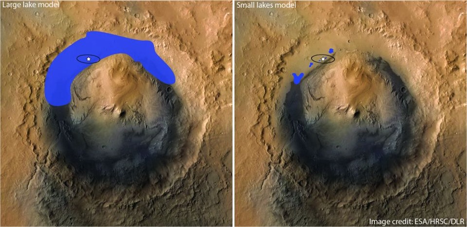 Một nghiên cứu mới cho thấy Miệng núi lửa Gale trên sao Hỏa có một số ít các hồ nhỏ thay vì một hồ lớn duy nhất trong quá khứ cổ đại. Ảnh: ESA/HRSC/DLR/Liu et al.