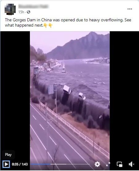 Video giả nói rằng đập Tam Hiệp gây sóng lớn. Ảnh chụp màn hình