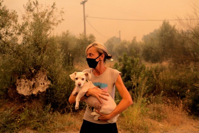 Một người dân địa phương đang bế con chó của mình trong trận cháy rừng tại làng Pefki ở Hy Lạp. Ảnh: EPA