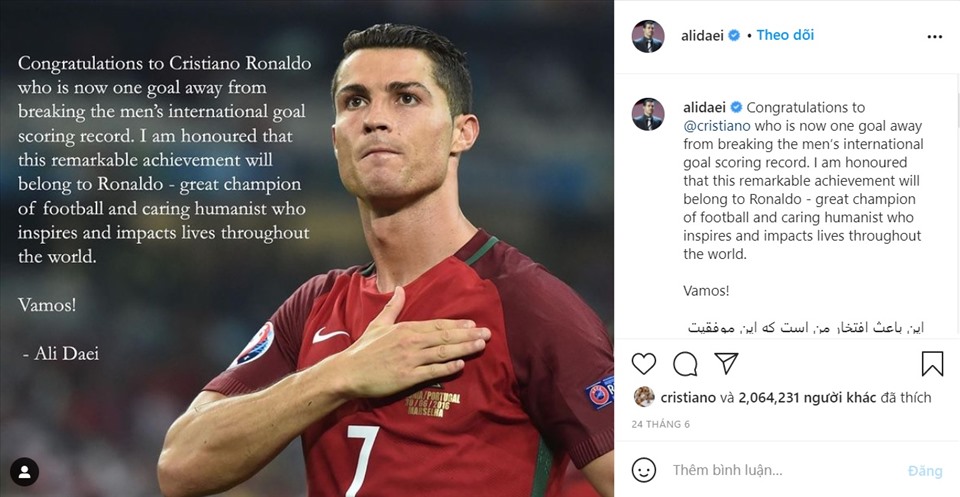 Huyền thoại người Iran, Ali Daei, chúc mừng Ronaldo hồi tháng 6. Ảnh: Instagram