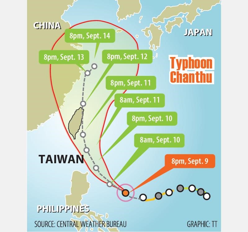 Dự báo đường đi của bão Chanthu hướng về Đài Loan, Trung Quốc. Ảnh: CWB