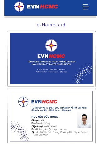Hình ảnh của e-Namecard sau khi quét mã QR-Code bằng thiết bị di động thông minh. Ảnh: EVNHCMC cung cấp