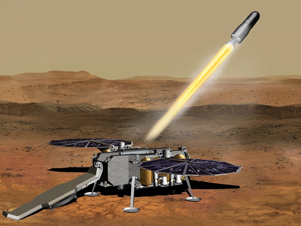 Hình minh họa cho thấy cách sứ mệnh trả mẫu sao Hỏa của NASA sẽ phóng các mẫu của Perseverance từ bề mặt sao Hỏa. Ảnh: NASA