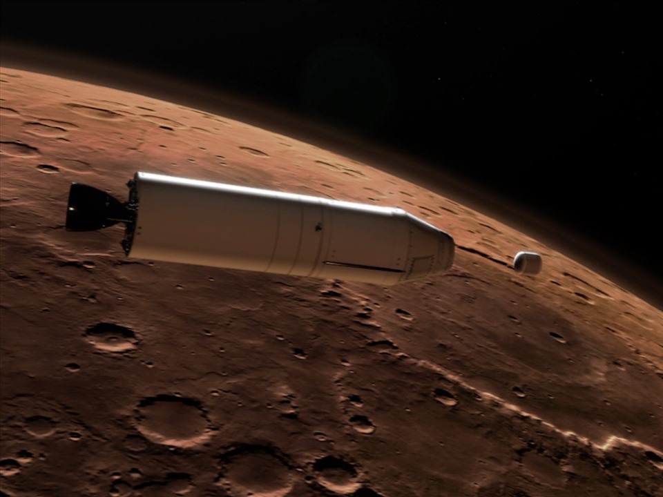 Hình minh họa cho thấy một tên lửa phóng hộp chứa mẫu lên cao trên bề mặt sao Hỏa. Ảnh: NASA