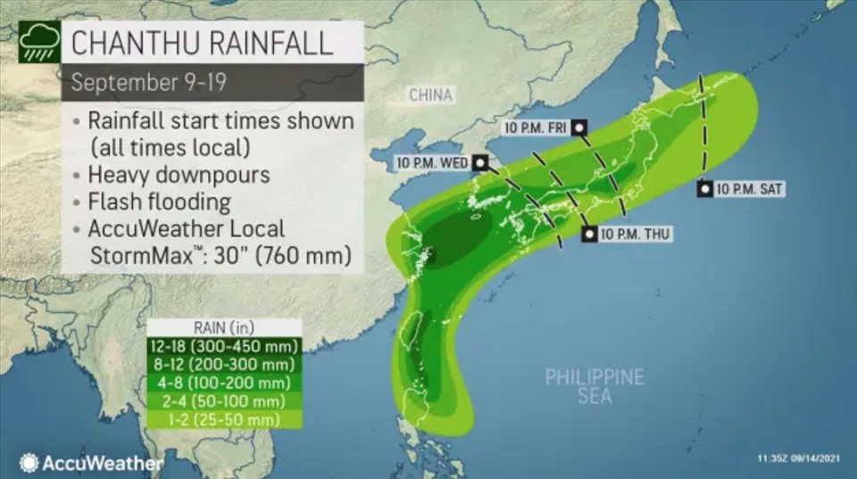 Dự báo các khu vực hứng chịu lượng mưa do bão Chanthu. Ảnh: AccuWeather