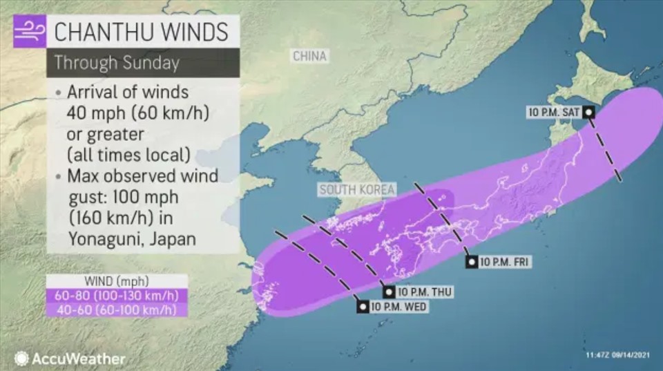 Các khu vực chịu tác động gió mạnh từ bão Chanthu. Ảnh: AccuWeather