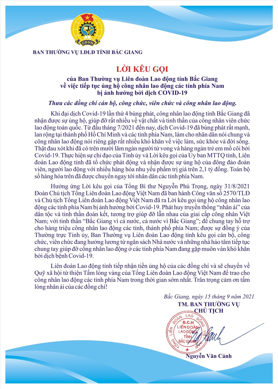 Lời kêu gọi của Ban Thường vụ Liên đoàn Lao động tỉnh Bắc Giang. Ảnh: N.H