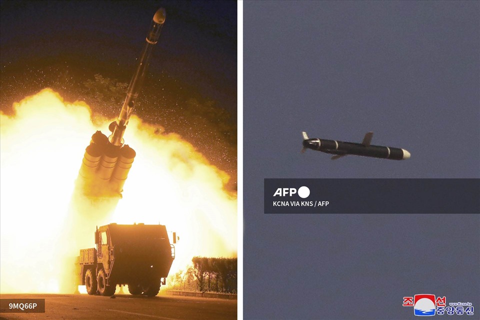 Ảnh phóng tên lửa hành trình tầm xa loại mới mà Triều Tiên phóng đi ngày 11 và 12.9 được hãng tin nhà nước Triều Tiên công bố ngày 13.9. Vụ phóng diễn ra chỉ vài ngày trước khi Triều Tiên giới thiệu tên lửa đạn đạo mới phóng từ tàu hỏa. Ảnh: KCNA