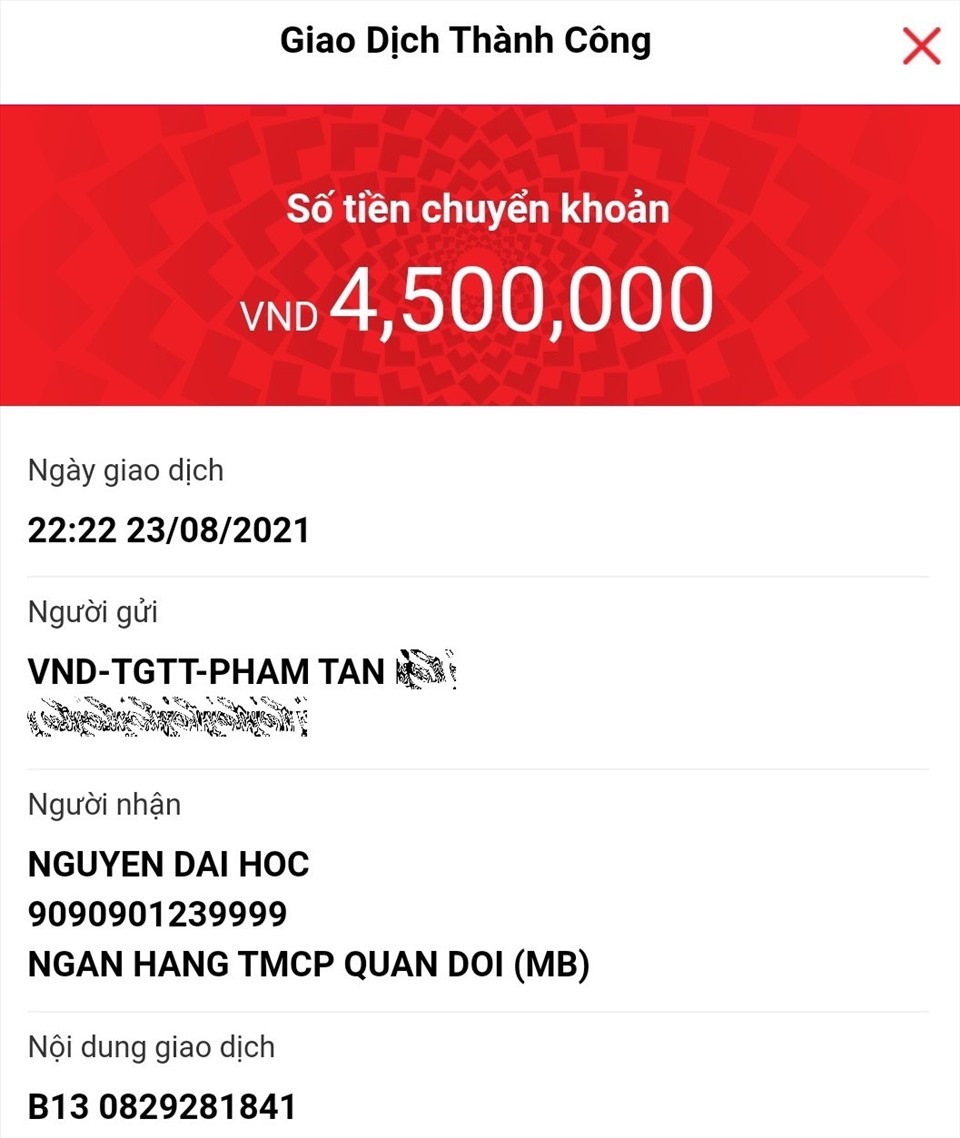 Số tiền 4.500.000 đồng được anh Nguyễn Tấn R. chuyển qua tài khoản ngân hàng. Ảnh: Nạn nhân cung cấp