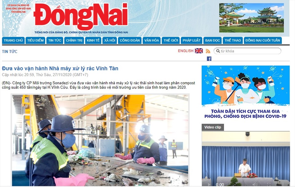 Ảnh chụp màn hình, Báo Đồng Nai đưa tin về việc vận hành Nhà máy xử lý rác Vĩnh Tân.