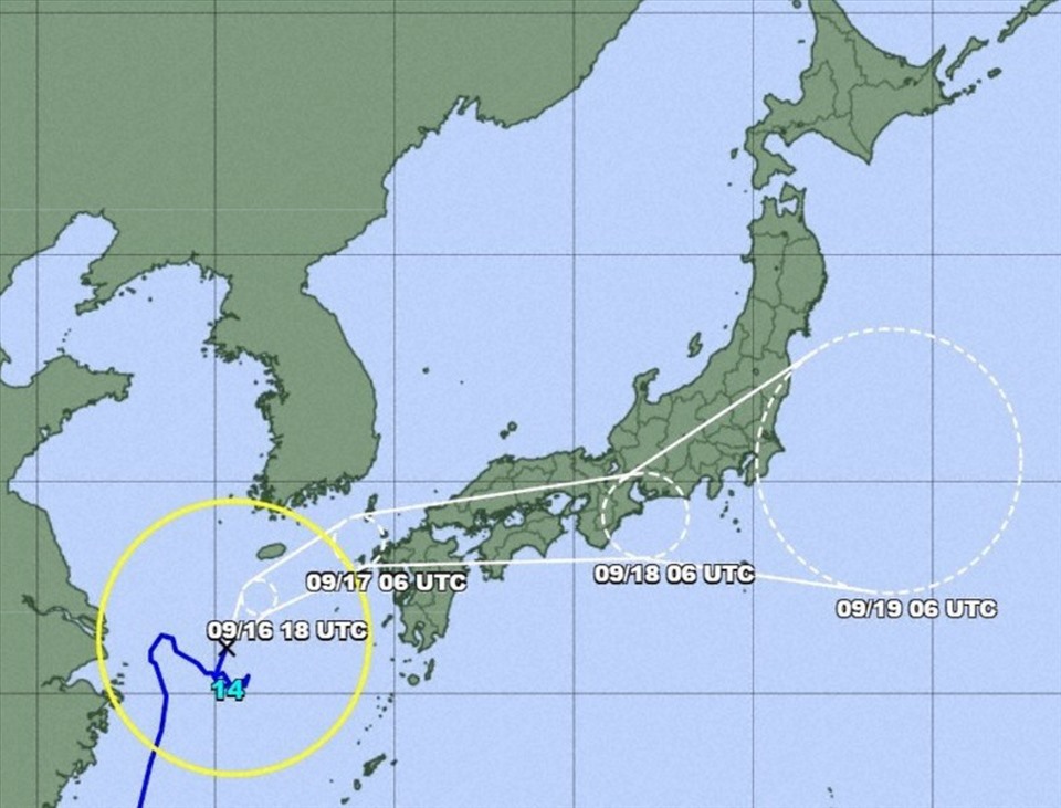 Dự báo đường đi của bão Chanthu tính đến 15h ngày 16.9. Ảnh: JMA