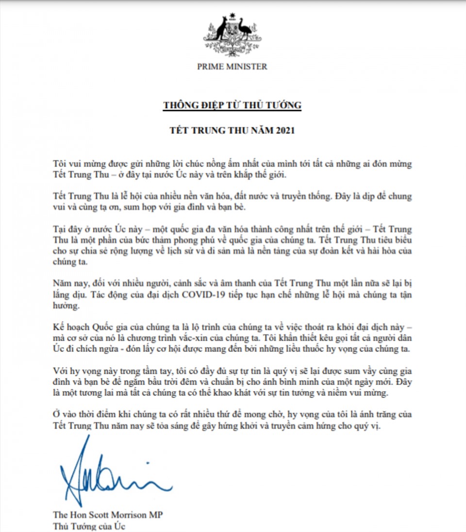 Thủ tướng Australia gửi thông điệp mừng Tết Trung thu bằng tiếng Việt.