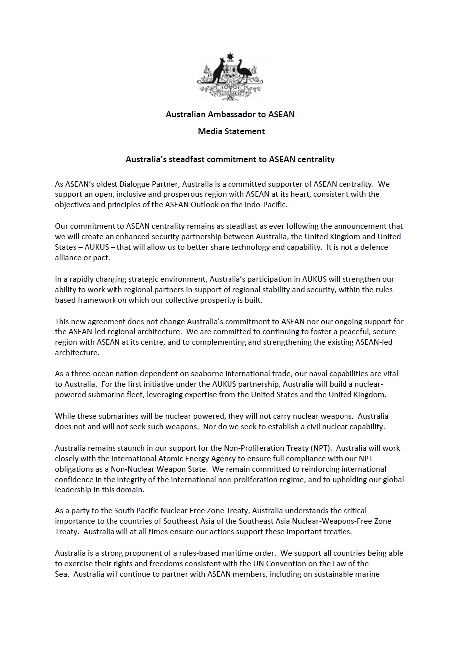 Tuyên bố của Đại sứ Will Nankervis về việc Australia kiên định với cam kết về vai trò trung tâm của ASEAN.