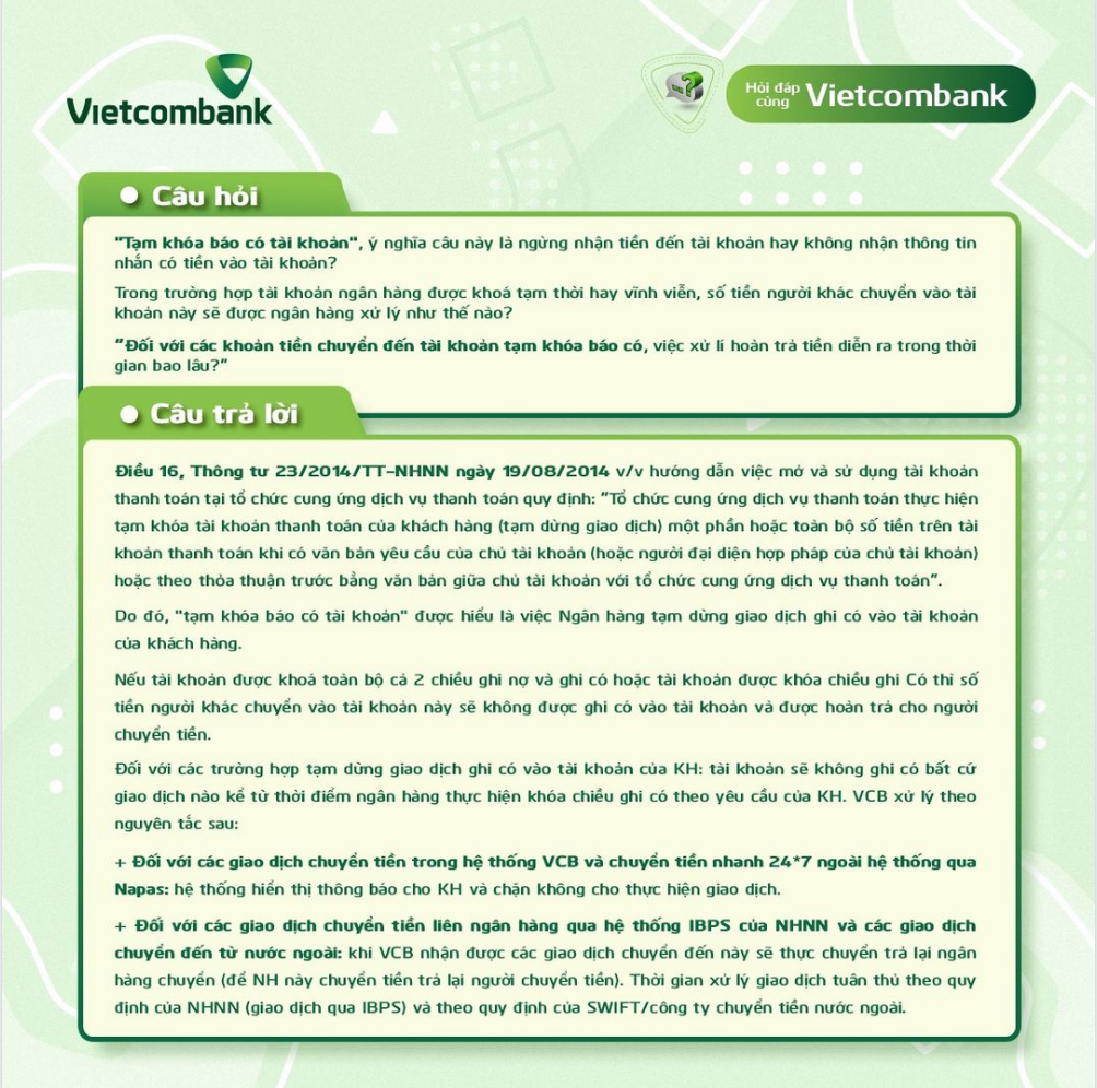 Giải thích từ Vietcombank về khái niệm nghiệp vụ “tạm khoá báo có“. Ảnh chụp màn hình