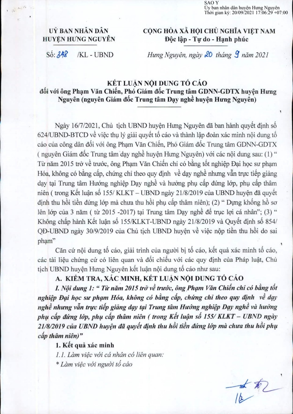 Kết luận nội dung tố cáo của UBND huyện Hưng Nguyên (Nghệ An) đối với ông Phạm Văn Chiến. Ảnh: Q.Đ