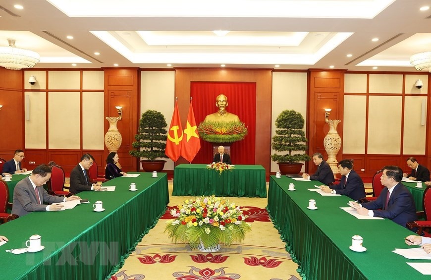 Quang cảnh buổi điện đàm giữa Tổng Bí thư Nguyễn Phú Trọng với Tổng Bí thư, Chủ tịch nước Trung Quốc Tập Cận Bình. Ảnh: TTXVN