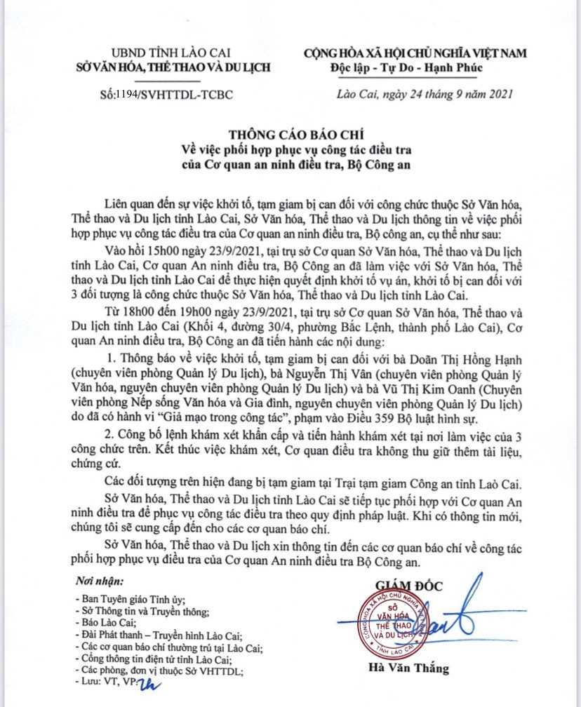 Sở Văn hóa, Thể thao và Du lịch tỉnh Lào Cai có công văn thông báo phối hợp điều tra.