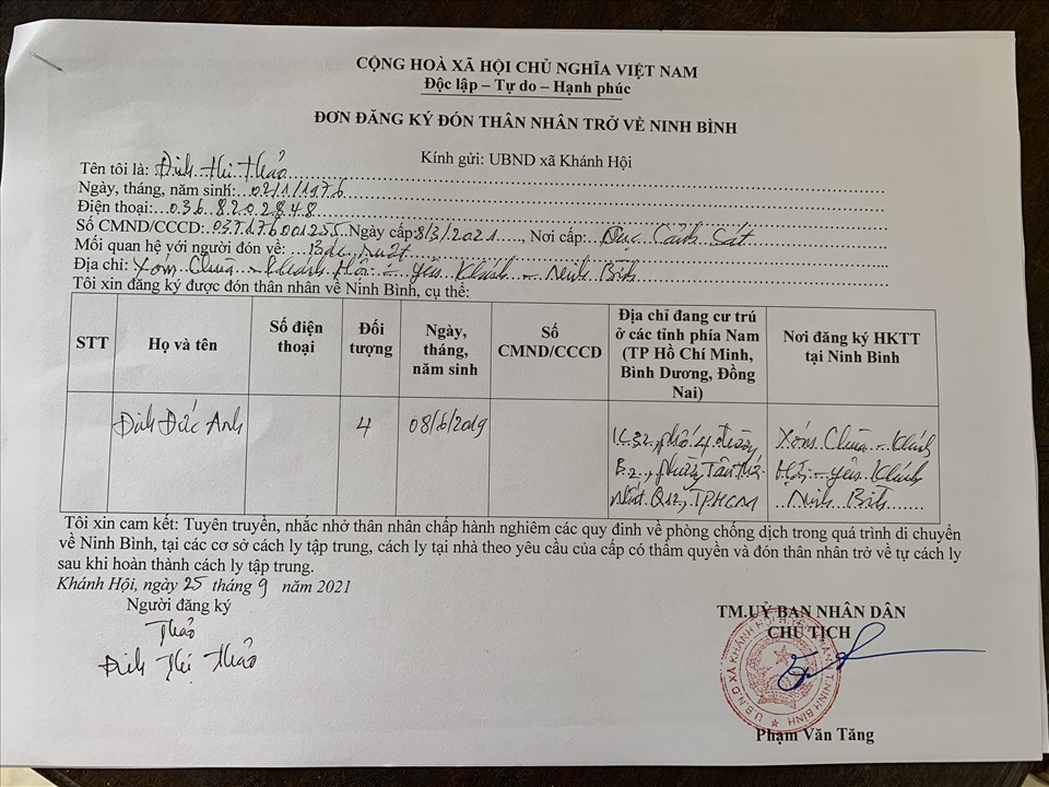 Mẫu đơn đăng ký đón công dân Ninh Bình tại các tỉnh phía Nam về quê. Ảnh: NT