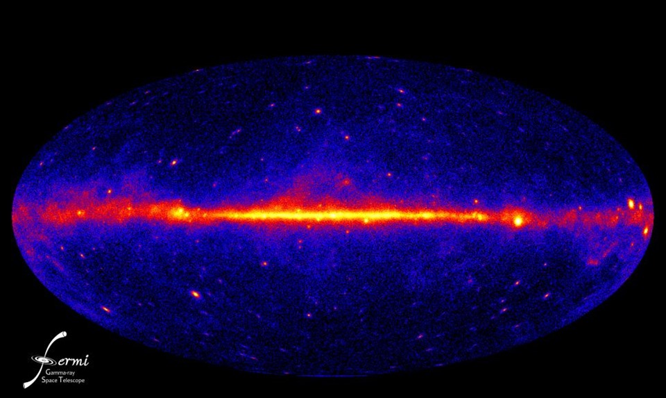 Bản đồ tia gamma do Kính viễn vọng Không gian Tia Gamma Fermi của NASA thực hiện. Phía trên và phía dưới của vạch ánh sáng là nơi xuất hiện vụ nổ tia gamma. Ảnh: NASA Goddard