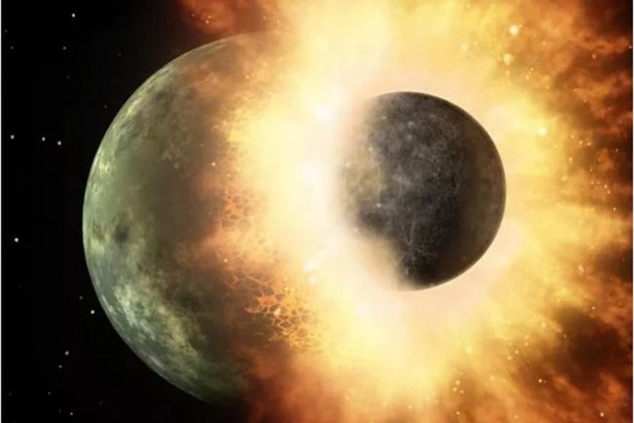 Giả thuyết vụ va chạm lớn về nguồn gốc hình thành Mặt trăng của Trái đất liên quan tới hành tinh Theia đâm vào Trái đất cách đây hơn 4,4 tỉ năm. Ảnh minh họa vụ va chạm của NASA