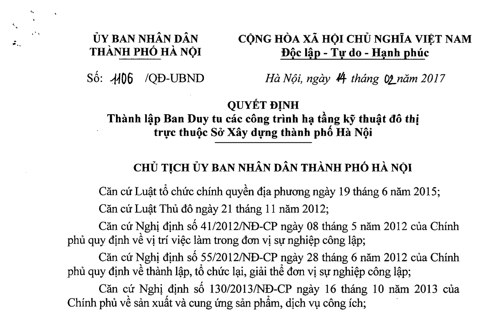 Quyết định thành lập Ban duy tu của cựu Chủ tịch Hà Nội Nguyễn Đức Chung.