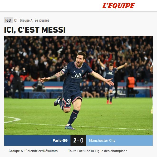Tờ L'Equipe (Pháp) ca ngợi đẳng cấp của Messi. Ảnh chụp màn hình