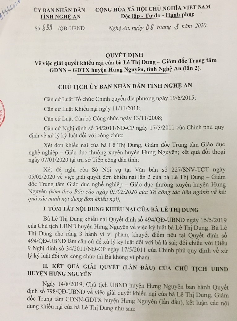Quyết định giải quyết khiếu nại lần 2 của bà Lê Thị Dung của UBND tỉnh Nghệ An. Ảnh: QĐ