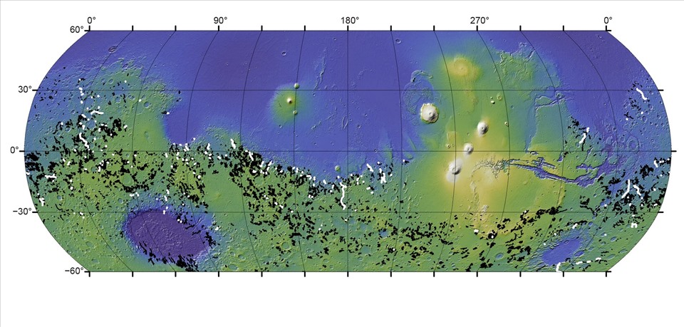 Bản đồ toàn cầu sao Hỏa cho thấy các thung lũng sông xung quanh hành tinh đỏ. Các thung lũng sông hình thành do vỡ hồ miệng núi lửa có màu trắng. Thung lũng sông hình thành dần theo thời gian có màu đen. Ảnh: Goudge