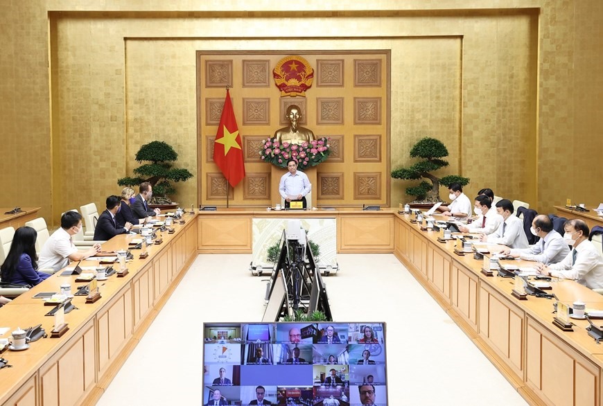 Toàn cảnh buổi làm việc của Thủ tướng với các Doanh nghiệp Hoa Kỳ tại Việt Nam. Ảnh Dương Giang/TTXVN