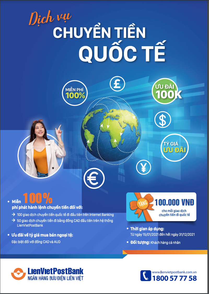 LienVietPostBank dành nhiều ưu đãi dành cho Khách hàng cá nhân sử dụng dịch vụ Chuyển tiền Quốc tế