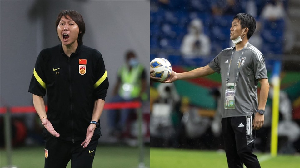 HLV Li Tie của tuyển Trung Quốc (trái) và Hajime Moriyasu của tuyển Nhật Bản (phải) đang chịu nhiều sức ép. Ảnh: AFC.