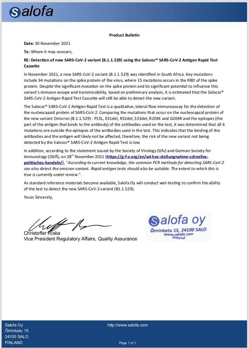 Bản tin về sản phẩm Công ty Salofa Oy ngày 30/11/2021 khẳng định Kit Test nhanh của Salofa Oy có thể phát hiện biến chủng Omicron.