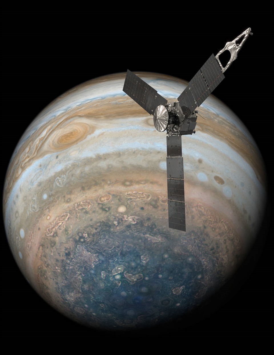 Ảnh minh họa tàu vũ trụ Juno quay quanh sao Mộc. Ảnh: NASA/JPL-Caltech