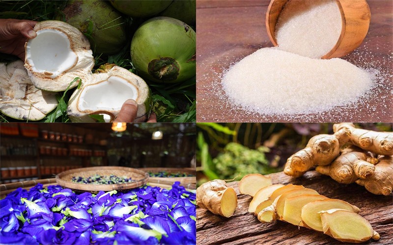 Nguyên liệu cho món mứt dừa hoa đậu biếc gồm có cơm dừa miếng mềm dẻo,  đường cát trắng, hoa đậu biếc, gừng tươi.