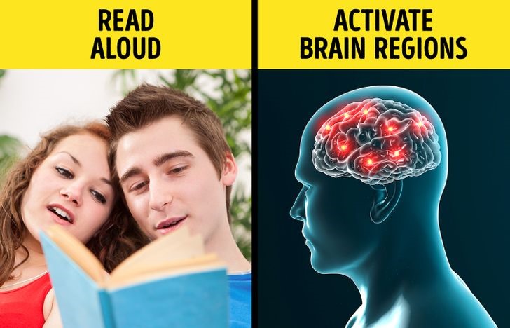 Thói quen đọc sách thành tiếng có thể giúp tăng cường trí nhớ. Nói và nghe chính mình nói sẽ giúp não bộ lưu trữ thông tin. Nếu không thể làm điều việc, hãy chuyển sang sách nói. Việc này thu hút trí tưởng tượng và các vùng não khác bắt đầu hoạt động.