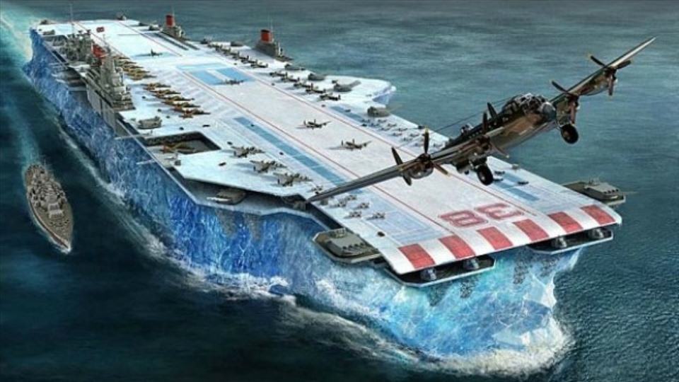 Bức họa về siêu tàu sân bay bằng băng trên một tờ báo của Anh. Ảnh: