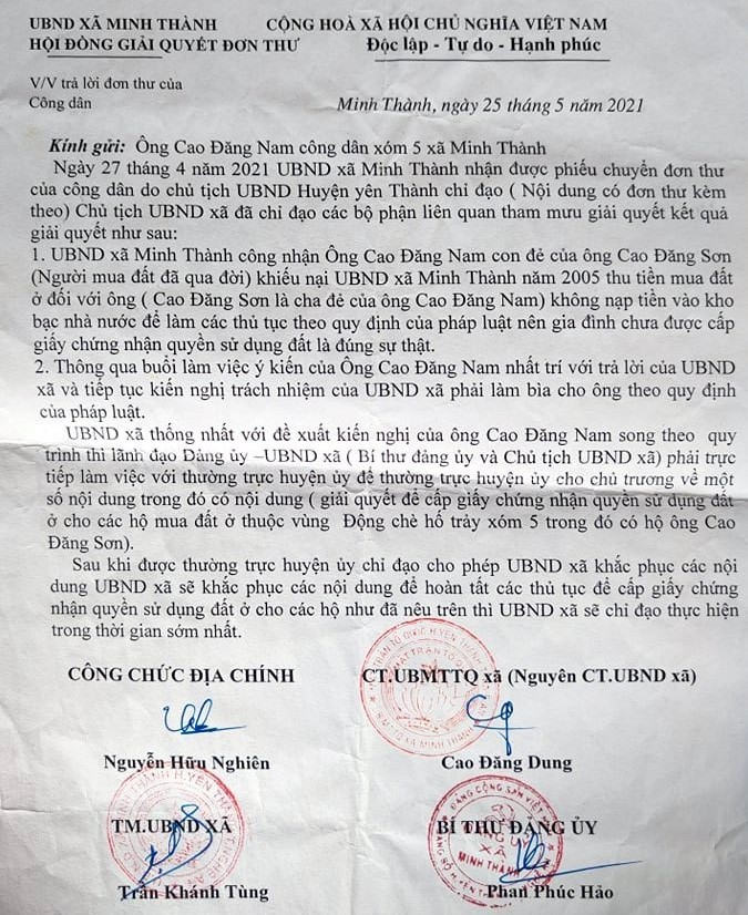 Văn bản trả lời đơn thư công dân của UBND xã Minh Thành. Ảnh: QĐ
