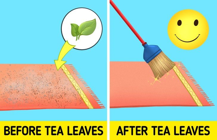 Làm sạch thảm bằng lá trà khô: Rắc lá trà xanh khô đã qua sử dụng lên thảm bẩn và giữ nó trong 20-60 phút trước khi quét hoặc dùng máy hút bụi.