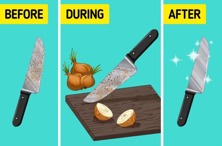 Tẩy dỉ trên gao bằng hành tây: Axit trong hành tây có thể loại bỏ rỉ sét trên dao. Bạn chỉ cần chà xát hành tây lên chiếc dao bị dỉ sét trong một vài phút đến khi vết dỉ bị biến mất.