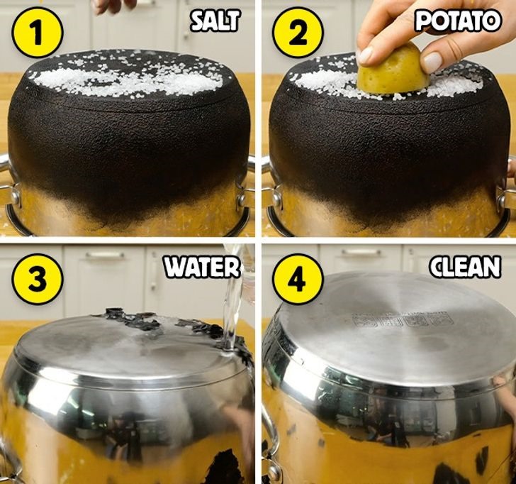 Làm sạch nồi bị cháy bằng muối và khoai tây: Nếu bạn đã làm cháy nồi của mình thì không cần phải lo lắng. Bạn cho một ít muối vào nồi và chờ 1-2 phút, sau đó dùng một củ khoai tây đã cắt đôi rồi chà xát lên vùng nồi bị cháy, cuối cùng rửa sạch nồi bằng nước. Nếu vết cháy chưa hết, bạn có thể lặp lại quy trình này cho đến khi vết cháy biến mất.