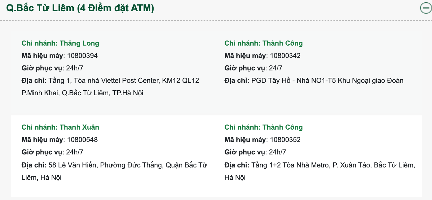 Điểm đặt cây ATM Vietcombank quận Bắc Từ Liêm Hà Nội gần nhất. Nguồn: Vietcombank