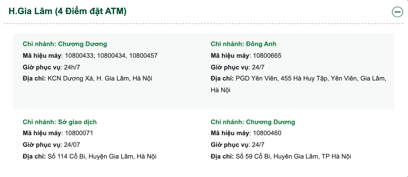 Điểm đặt cây ATM Vietcombank quận Gia Lâm Hà Nội gần nhất. Nguồn: Vietcombank
